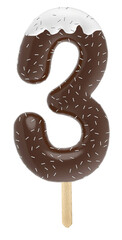 number 3 chocolate popsicle with cream and sprinkles