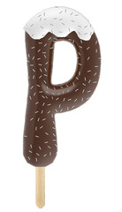 Letter P uppercase chocolate popsicle with cream and sprinkles - 3d rendering