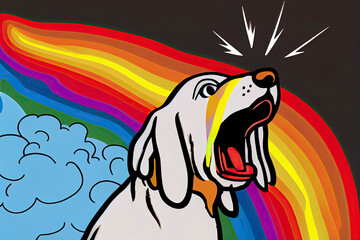 cartoon of a bored dog yawning with a rainbow coming out of it's mouth