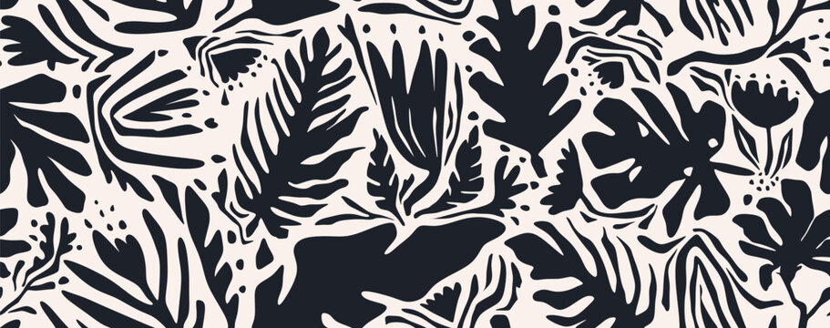 Hand Drawn Minimal Abstract Organic Shapes Seamless Pattern, Leaves And Flowers.
