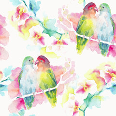 Exotic Seamless pattern with Lovebirds and Magnolia. Cuddling parrots couple sitting on a branch. Romantic bird dialog. Realistic Illustration - watercolor graphic. Isolated on off-white background.