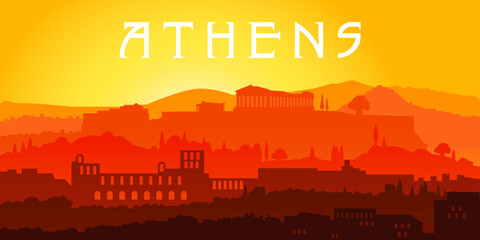 Obraz premium Acropolis Athens Greece silhouette illustration. Athens skyline. Parthenon. Inscription 