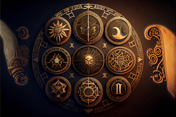 Astrological signs on the antique clock Torre dell'Orologio, Medieval wheel of the zodiac and constellations. Golden symbols on a star circle. Astrology concept, horoscope and time. Ai generated