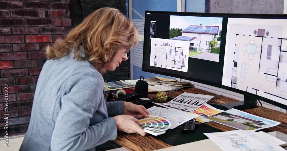 Aufkleber side view of real estate designer working on computer