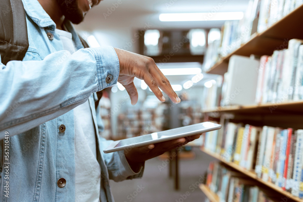 Poster touch screen, education or black man hand on tablet in library for research, advertising or project 