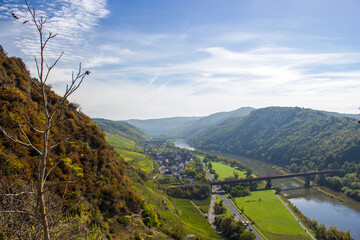 Moselle River in Germany, view of Calmont village and vineyards in the Mosel river valley, Germany