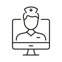 Video Online Medical Service Line Icon. Remote Virtual Doctor Man Linear Pictogram. Telemedicine Healthcare Outline Symbol. Physician Consultation. Editable Stroke. Isolated Vector Illustration