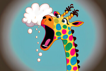 cartoon of a bored giraffe yawning with a rainbow coming out of it's mouth