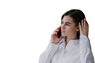 Frustrated brunette hispanic young woman talks by phone with husband, in troubles. Pretty girl using cell phone looking hopelessly against transparent background. Upset housewife. Mockup sad girl.
