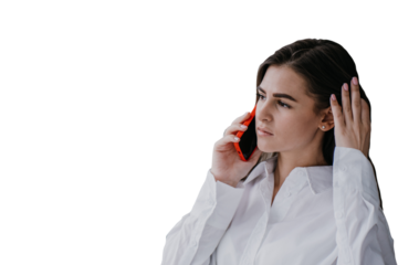 Frustrated brunette hispanic young woman talks by phone with husband, in troubles. Pretty girl using cell phone looking hopelessly against transparent background. Upset housewife. Mockup sad girl.