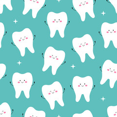 Seamless pattern with cute tooth characters with face with different emotions and hands. Vector flat illustration
