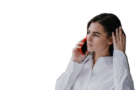 Frustrated brunette hispanic young woman talks by phone with husband, in troubles. Pretty girl using cell phone looking hopelessly against transparent background. Upset housewife. Mockup sad girl.