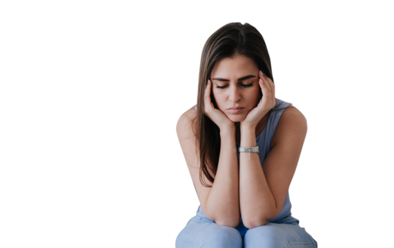 Frustrated young hispanic woman sitting against transparent background looks down, tired. Beautiful Spanish girl feels fatigue, female in troubles, failure. Upset housewife, divorce, feels loneliness.