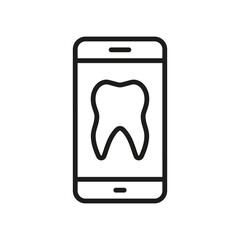 Online Dentist Help in Smartphone Line Icon. Dentistry Medicine in Mobile Phone Linear Pictogram. Tooth Health Diagnosis, Dental Care Outline Symbol. Editable Stroke. Isolated Vector Illustration