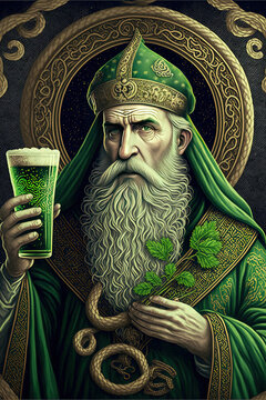 Der heilige St. Patrick Schutzpatron Irlands mit Bierglas als Symbol für den St. Patrick Tag, Generative AI