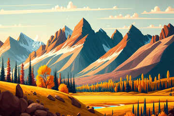 Panorama background of the Canadian Rocky Mountain range in autumnal colors. Background of Alberta prairie valley and mountains. Stunning view of the mountains and fall foliage. Generative AI