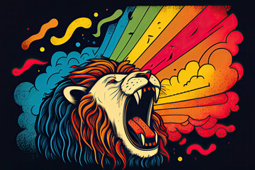 cartoon of a bored lion yawning with a rainbow coming out of it's mouth