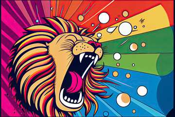 cartoon of a bored lion yawning with a rainbow coming out of it's mouth