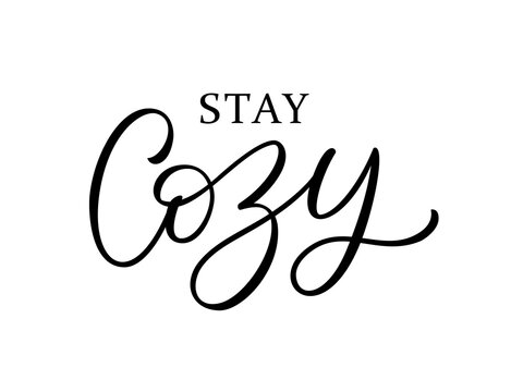 STAY COZY text. Printable graphic tee. Design stay cozy for print. Vector illustration. Black and white. Cartoon hand drawn calligraphy style.