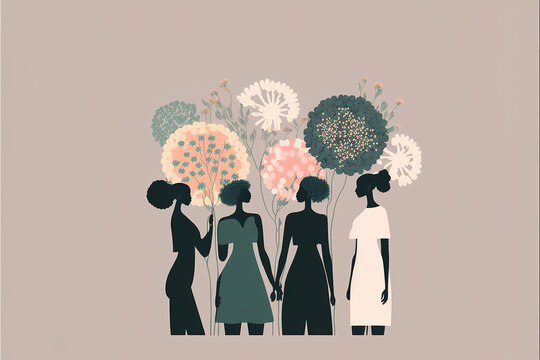 Illustration of gathered women supporting each other. concept of feminism, support and gender equality. pastel colors and flowers around. Space for text.