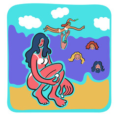 girl is sitting on the beach. people swim in the sea. friends at the resort.illustration with a girl. color vector illustration in flat style. image for website, app, print. 