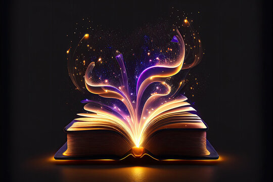 Libro antico di fiabe con luci, particelle e scie magiche su fondo scuro