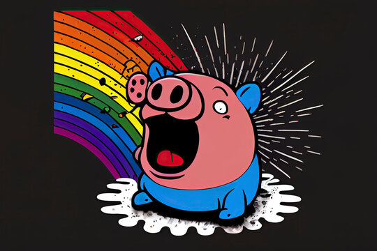 cartoon of a bored pig yawning with a rainbow coming out of it's mouth