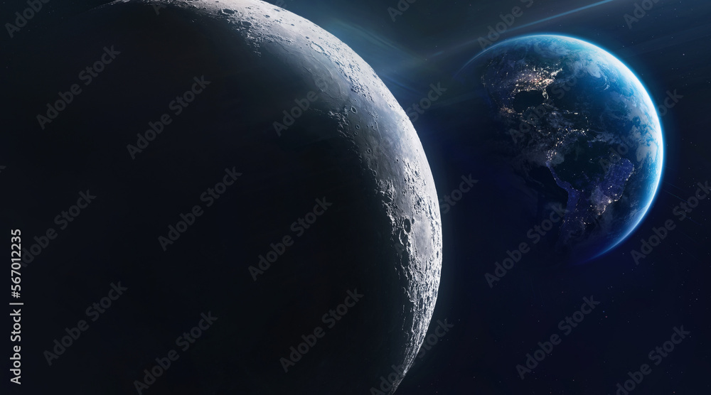 Poster moon surface and earth planet on the background in deep dark space. earth at night. city lights. ele