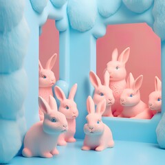 Abstract creative Easter pastel blue and pink holiday concept, room full of painted pastel bunnies. The rabbit animal is a symbol of Easter. Illustration. Generative AI.