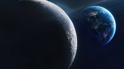 Fototapeta na wymiar Moon surface and Earth planet on the background in deep dark space. Earth at night. City lights. Elements of this image furnished by NASA 