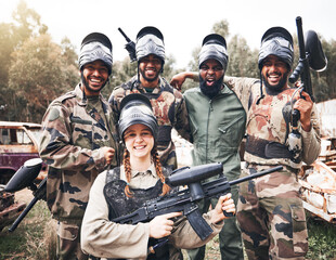 Diversity, portrait and military group with paintball gun for training, fun or extreme sports, happy and excited. Army, people and sport team smile, bond and ready for target practice, game or cardio - obrazy, fototapety, plakaty