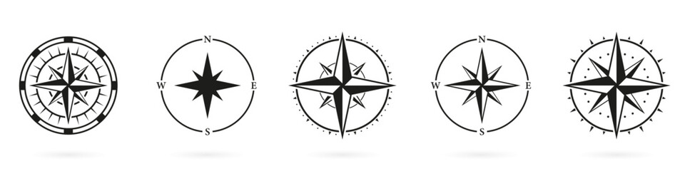 Compass Silhouette Icon Set on White Background. Rose Wind Glyph Pictogram. Navigation Equipment Solid Sign. Navigational Direction to North, South, West, East Symbol. Isolated Vector Illustration