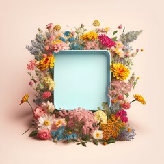 Fototapeta na wymiar Creative Spring frame made of fresh, pastel, field flowers and leaves. Copy, empty space. Soft pastel background, flat lay. Floral colorful decoration. Illustration, Generative AI.