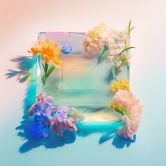 Creative Spring frame made of fresh, pastel, field flowers and leaves. Copy, empty space. Underwater pastel background. Floral colorful decoration. Illustration, Generative AI.