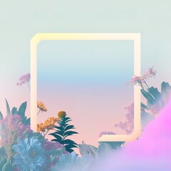 Creative Spring frame made of fresh, pastel, field flowers and leaves. Copy, empty space. Soft pastel background, flat lay. Floral colorful decoration. Illustration, Generative AI.