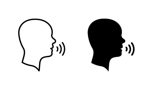 Man Talk Silhouette and Line Icon Set. Voice Command with Sound Waves. Person Conversation Speech Symbol. Man Talk Control and Voice Recognition Sign. Editable Stroke. Isolated Vector Illustration