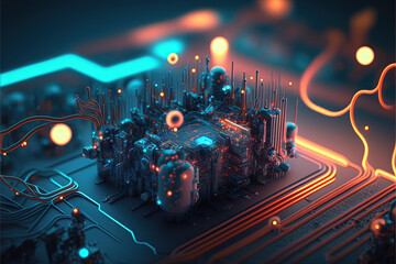 Fototapeta na wymiar Futuristic Blue & Orange Neon Glow Computer Chip on Circuit Board