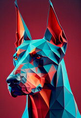 Generative AI illustration of a portrait of a Doberman dog, polygonal illustration concept in blue and red tones