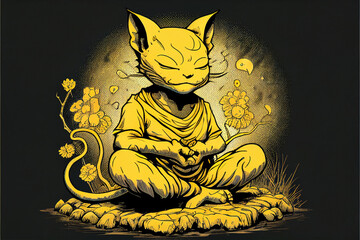 Yellow cat in meditation pose. Generative Ai.