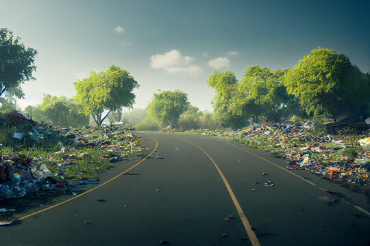 Illegal garbage dump near the road and the forest woods. Generative AI. 