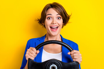 Photo of surprised business lady impressed fast speed quality service rent car isolated on bright...