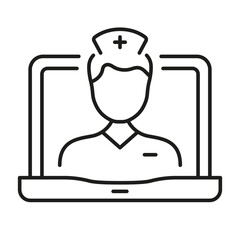 Online Medical Service in Laptop Line Icon. Telemedicine Healthcare Outline Symbol. Physician Consultation. Remote Virtual Doctor Man Linear Pictogram. Editable Stroke. Isolated Vector Illustration