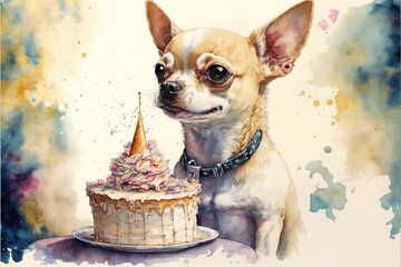 Happy Chihuahua eating birthday cake,  watercolor style art made with Generative AI