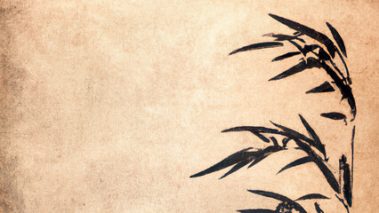 Japanese Black Bamboo Leaves on Vintage beige Paper Background