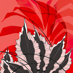 Tropical Leaf Collage in Japanese Ukiyo-e Style - Grey and White Plant with Red Background