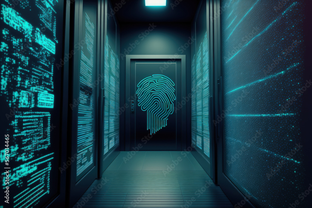 Poster over the server room is a picture of data processing with a fingerprint icon. conceptual depiction o