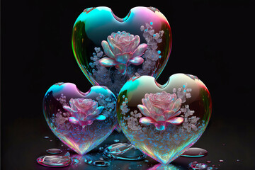 Three holographic transparent hearts with roses inside. Valentines day gift. Digital Art Illustration.