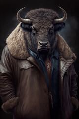 Fototapeta na wymiar Antropomorphic Buffalo with leather jacket - AI generative
