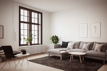 Fototapeta premium mock up poster frame in boho interior background, wooden living room design, Scandinavian style. Generative AI illustration