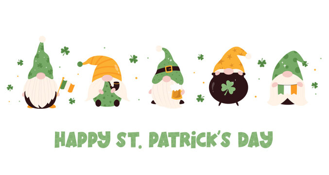 Set of cartoon leprechauns, gnomes in hats, with traditional holiday symbols. Funny Irish characters on white background